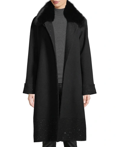 Sofia Cashmere Long Sequin Coat W/ Fur Collar In Black