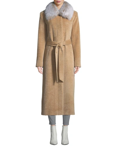 Sofia Cashmere Long Fur-collar Belted Coat In Yellow Pattern
