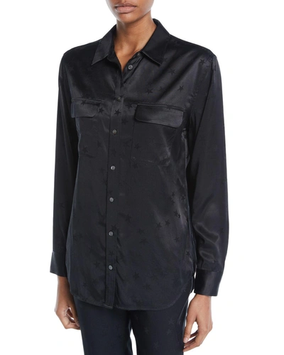 Equipment Signature Button-front Star-print Satin Blouse In Black