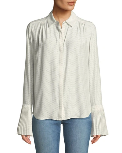 Frame Pintucked-cuffs Button-front Long-sleeve Dotted Silk Blouse In White