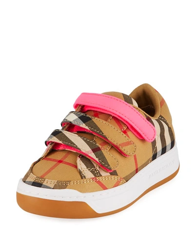 Burberry Groves Low-top Check Sneakers W/ Contrast Grip Strap, Toddler In Beige