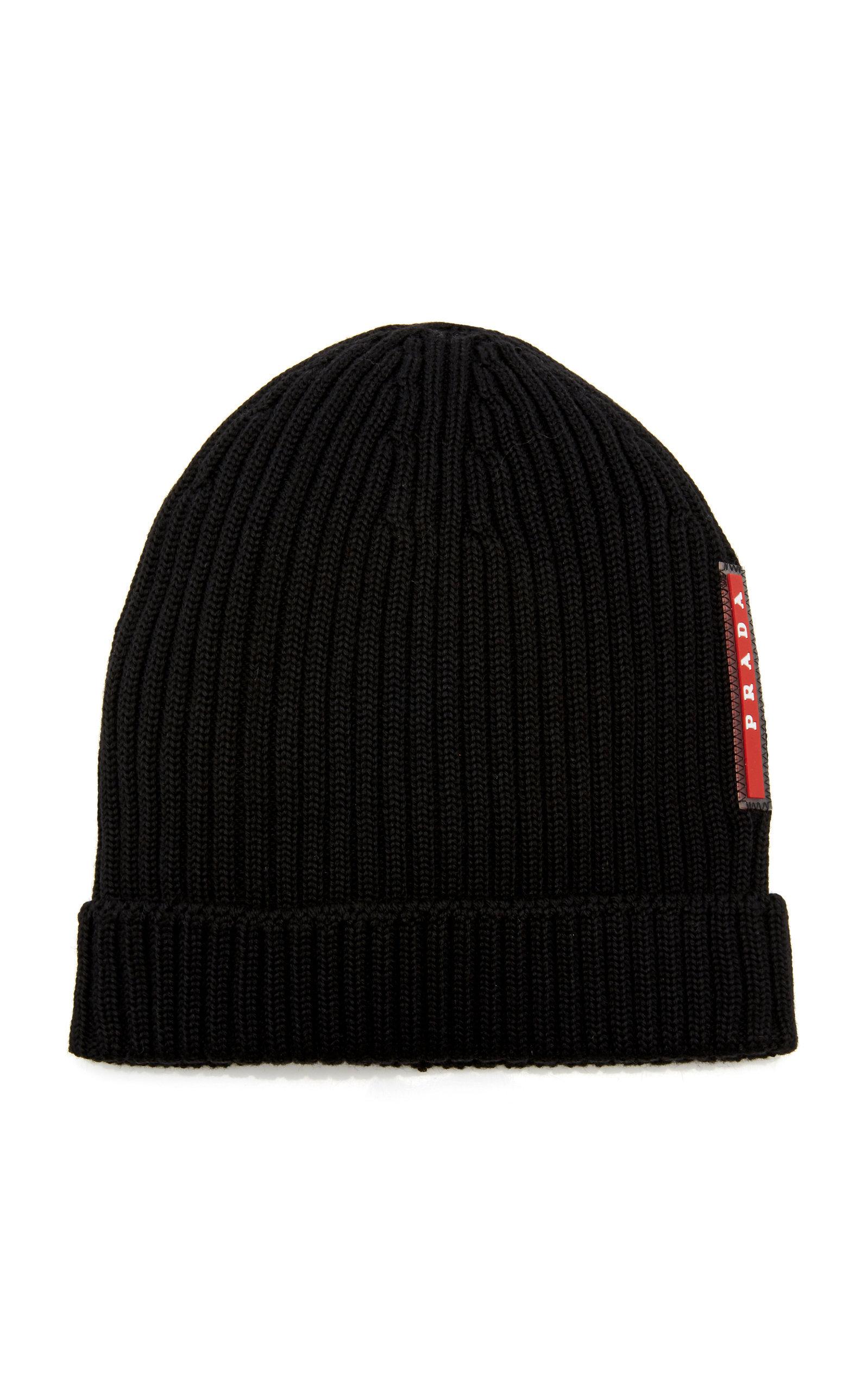 Prada Logo-appliquéd Ribbed Wool Beanie In Black | ModeSens