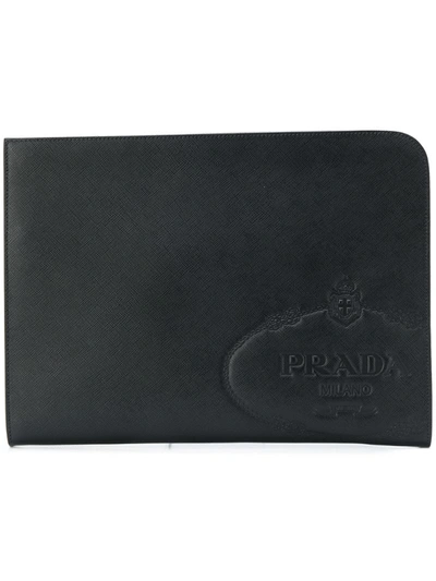 Prada Saffiano Embossed Logo Clutch Bag In Black