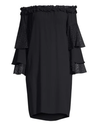 Michael Kors Off-the-shoulder Silk Shift Dress With Ruffled Lace Sleeves In Black