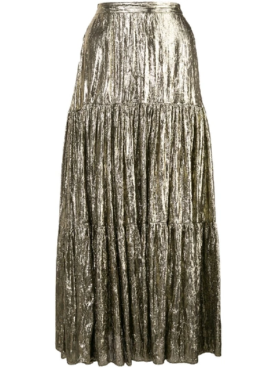 Michael Kors Tiered Metallic Silk-blend Lamé Midi Skirt In Gold