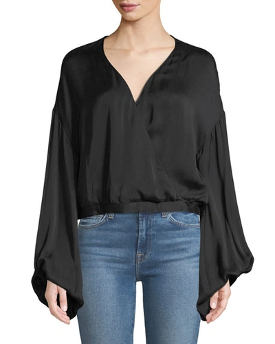7 For All Mankind Wrap-front Oversized-sleeve Cotton Woven Top In Black