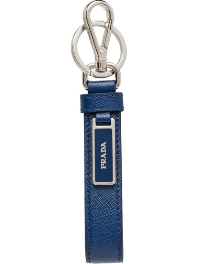 Prada Saffian Logo Plaque Keychain In Blue