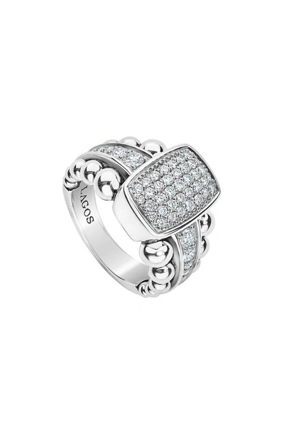 Lagos Sterling Silver Caviar Spark Diamond Station Ring In White/silver