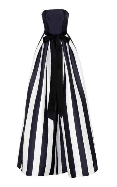 Monique Lhuillier Striped Mikado Bow-waist Strapless Ball Gown With Full Skirt In White/black