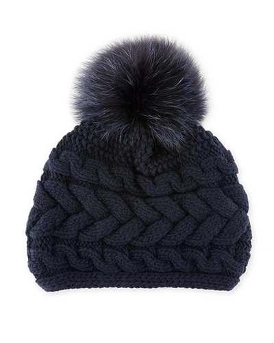 Inverni Cashmere Cable-knit Beanie W/ Fur Pompom In Navy