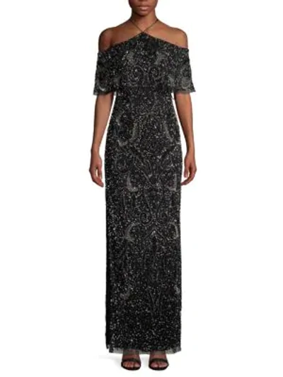 Aidan Mattox Embellished Cold-shoulder Gown In Black Silver