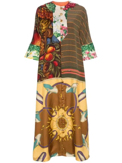 Rianna + Nina Printed Button Down Silk Kaftan In Brown