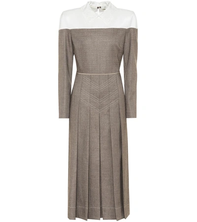 Fendi Silk Yoke Pleated Tweed Dress In Brown