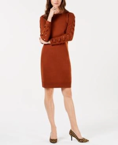 Love Scarlett Petite Lattice-sleeve Sweater Dress In Brown