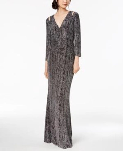 Calvin Klein Glitter Cutout Gown In Black/silver