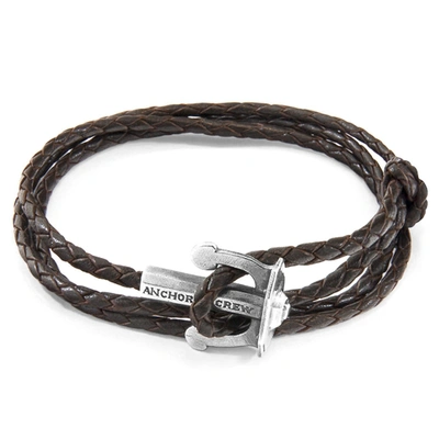 Anchor & Crew Dark Brown Union Anchor Silver And Braided Leather Bracelet In &