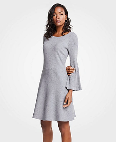 Ann Taylor Petite Pleated Flare Sleeve Sweater Dress In Grey Multi