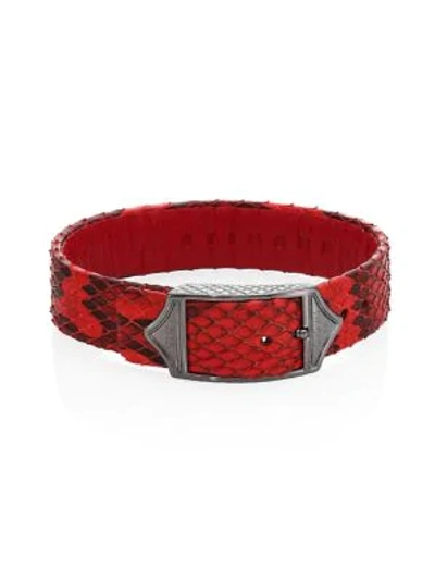 Stinghd Men's Luxe Platinum-plated Pure Silver & Python Leather Buckled Bracelet In Red