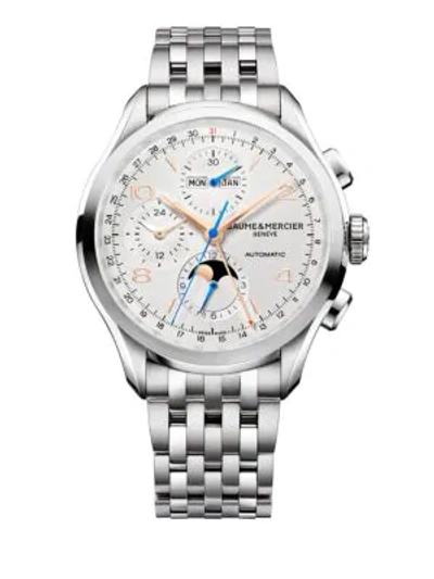 Baume & Mercier Clifton Complete Calendar Steel Bracelet Chronograph Watch In Silver