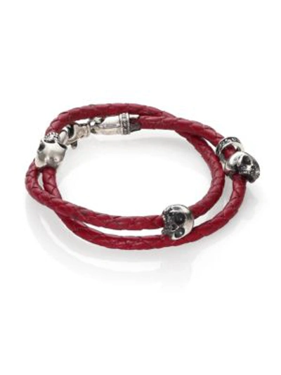 King Baby Studio Men's Thin-braided Double Wrap Leather Bracelet In Red