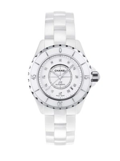 Pre-owned Chanel J12 Diamond, Ceramic & Stainless Steel Bracelet Watch In White