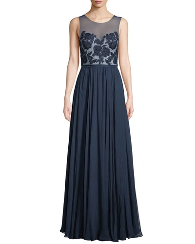 Catherine Deane Lilyana Sheer Gown W/ Tulle & Lace In Navy