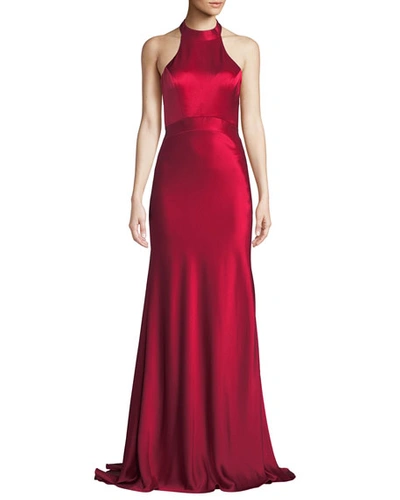 Catherine Deane Kin Satin Halter Gown W/ Open Back In Red