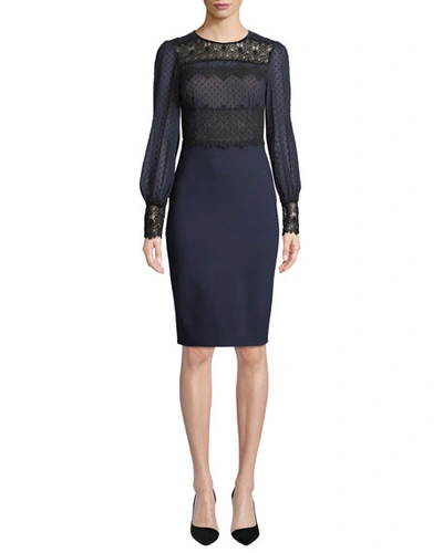 Catherine Deane Lillian Sheer Dot & Lace Long-sleeve Dress In Blue/black