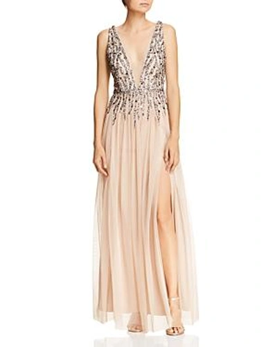 Aidan Mattox Plunging Embellished Gown In Nude
