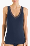 Hanro Cotton Lace V-neck Tank In Deep Navy