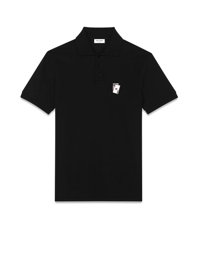 Saint Laurent Playing Card Polo In Black Pique' Cotton In Noir Argent Noir