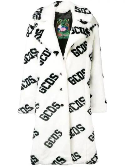 Gcds All Over Logo Print Faux Fur Oversize Coat In White