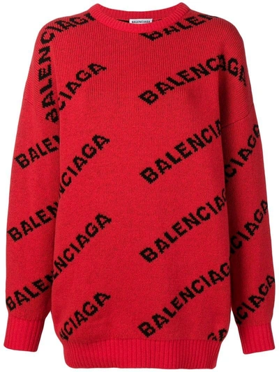 Balenciaga Jacquard Logo Crewneck Sweater - Red
