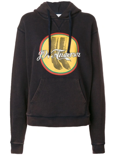 Jw Anderson Printed Hooded Washed Jersey Sweatshirt In Ebony