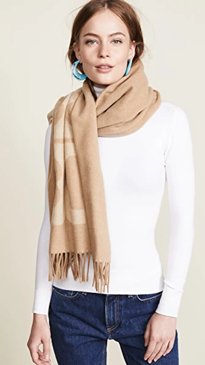 Tory Burch Solid Logo Oblong Scarf In Oatmeal