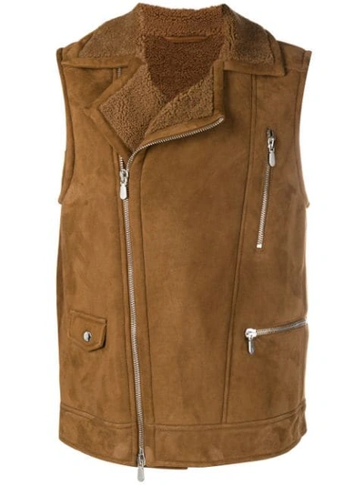 Eleventy Zipped Biker Vest In Brown