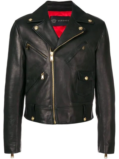 Versace Calf Leather Biker Jacket In Black