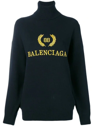 Balenciaga Logo Embroidered Turtleneck Sweater In Black