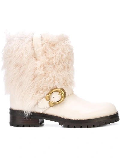 Coach Leighton Shearling-cuff Leather Buckle Boots In Chalk/natural