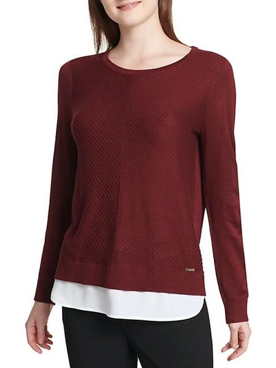 Calvin Klein Heathered Crewneck Two-fer Sweater In Rosewood