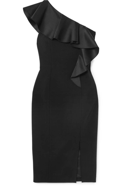 Michael Kors One-shoulder Ruffled Satin-trimmed Wool-blend Crepe Dress In Black
