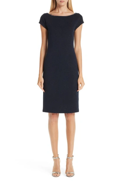 St John Bateau-neck Cap-sleeve Metallic-knit Body-con Dress In Navy