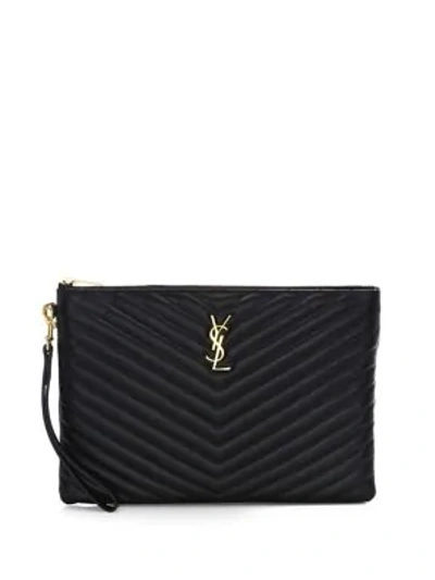 Saint Laurent Monogram Smooth Matelasse Leather Tablet Pouch In Deep Space