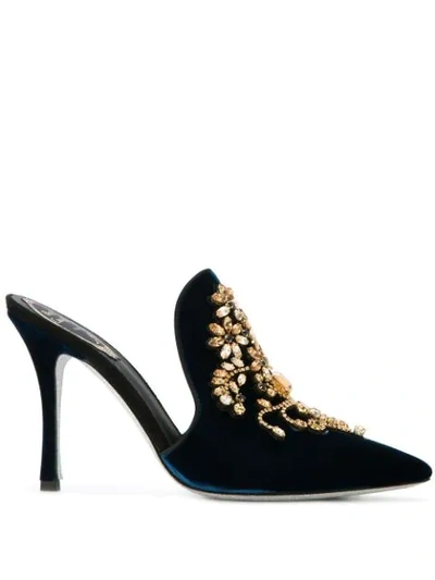 René Caovilla Crystal Embellished Mules In Blue