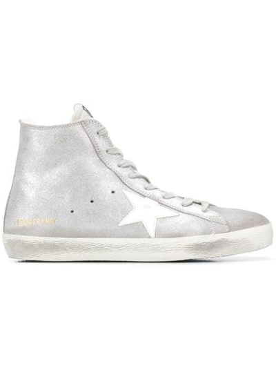 Golden Goose Deluxe Brand Francy Hi Top Sneakers In Silver Suede/white Shearling