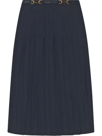 Gucci Leather-belted Sable Wool Pleated Skirt In Deep Ink