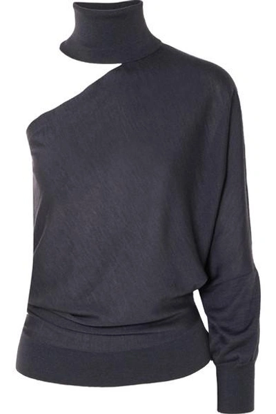 Brunello Cucinelli One-shoulder Cutout Cashmere And Silk-blend Turtleneck Sweater In Anthracite