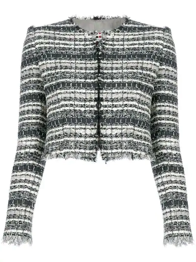 Thom Browne Banker Stripe Lace Ribbon Cardigan Jacket - Grey