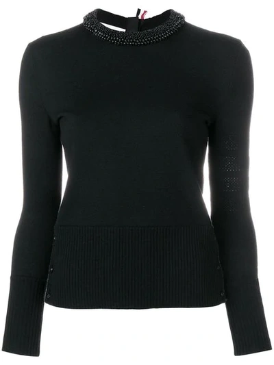 Thom Browne Pearl Embroidered Merino Pullover In Black