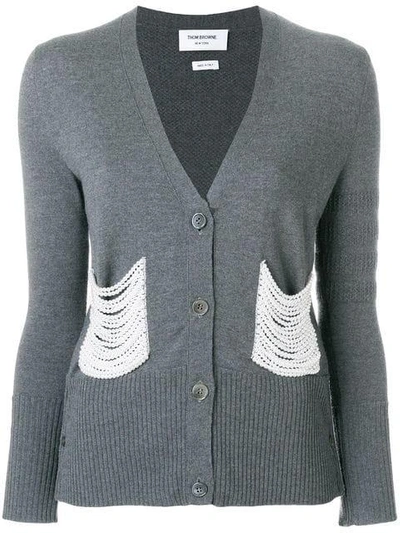 Thom Browne Pearl Embroidered Merino V-neck Cardigan In Grey